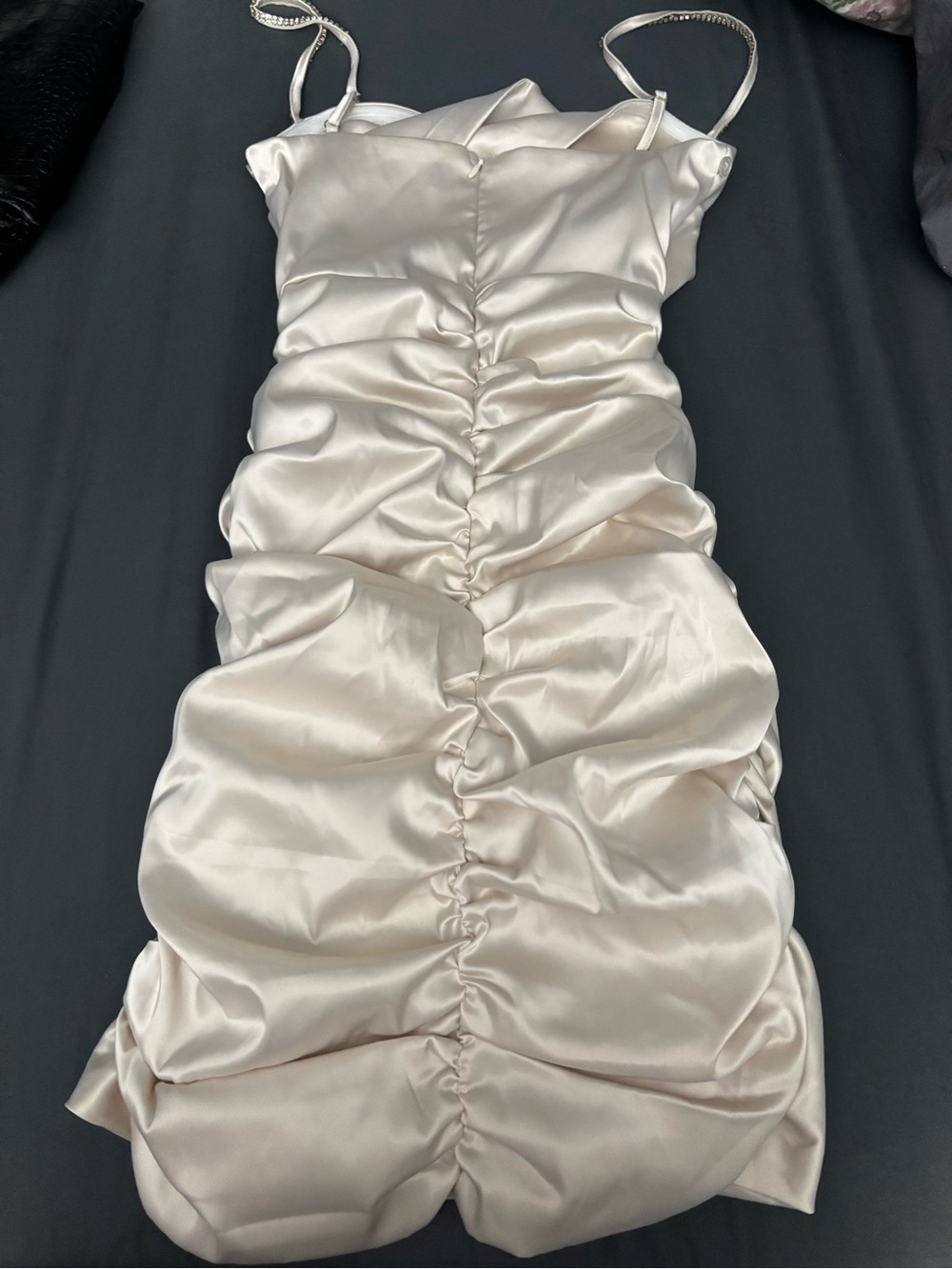 Ivory Satin Ruched Mini Dress with Spaghetti Straps